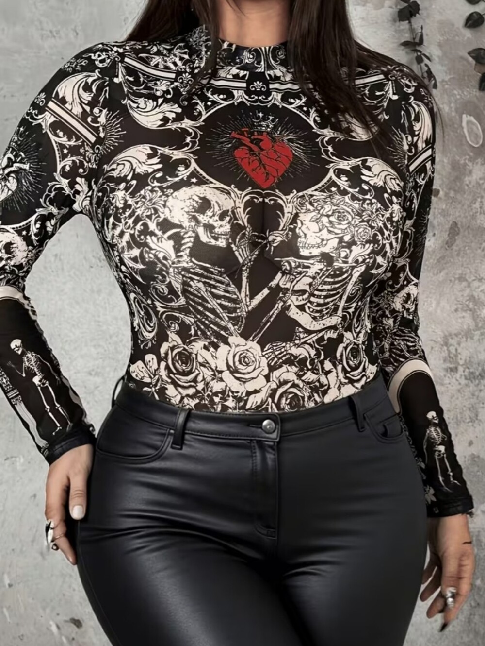 Gothic Skeleton Print Long Sleeve Mesh Top